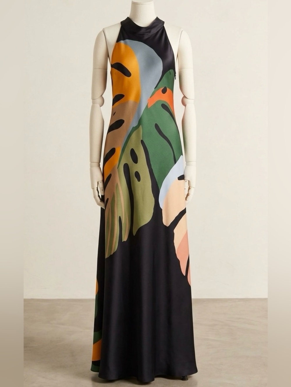 FARM Rio Tropical Monstera Leaf Halter Maxi Dress Size S Black Colorful